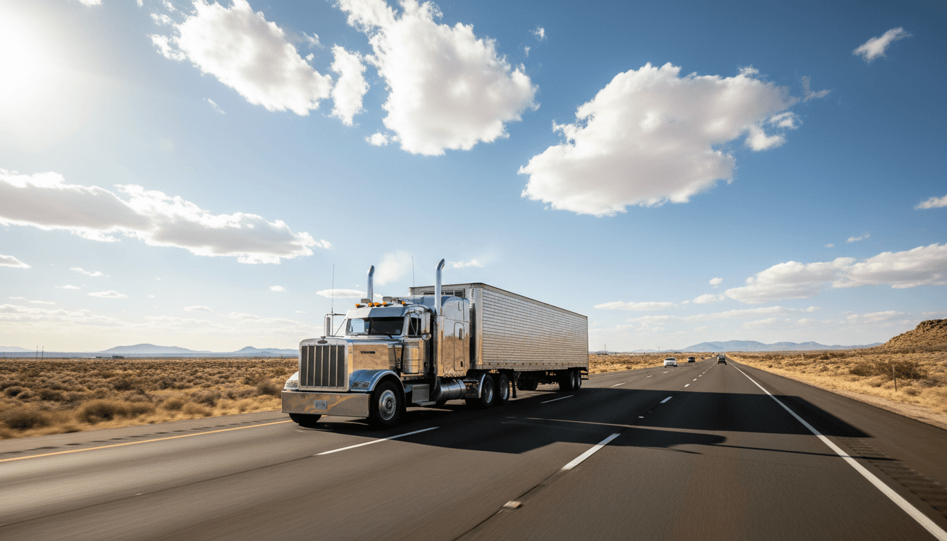 Open highway with truck trailer in motion under bright afternoon sky