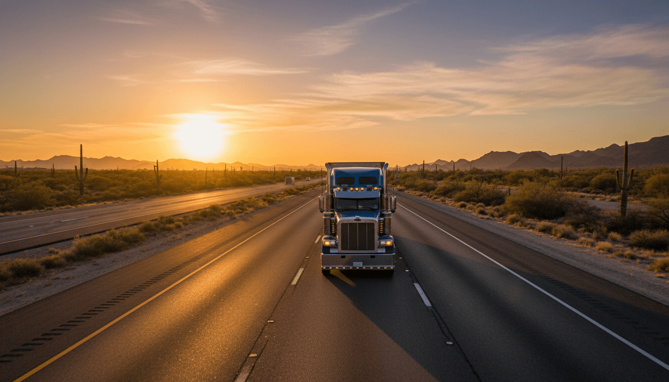 Semi truck driving on a highway with an open road ahead at golden hour